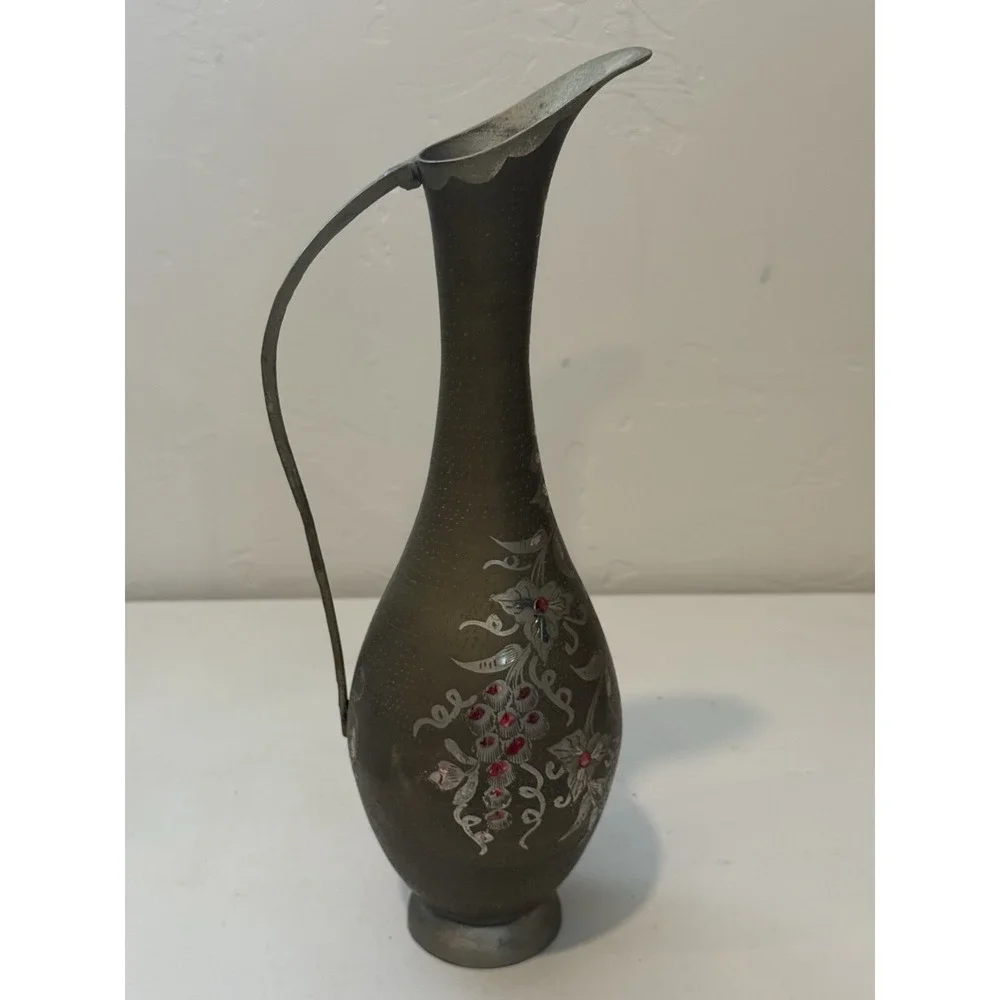 Vintage India Brass Water Pitcher Circa‎ Etched Painted Elegant Curved Handle